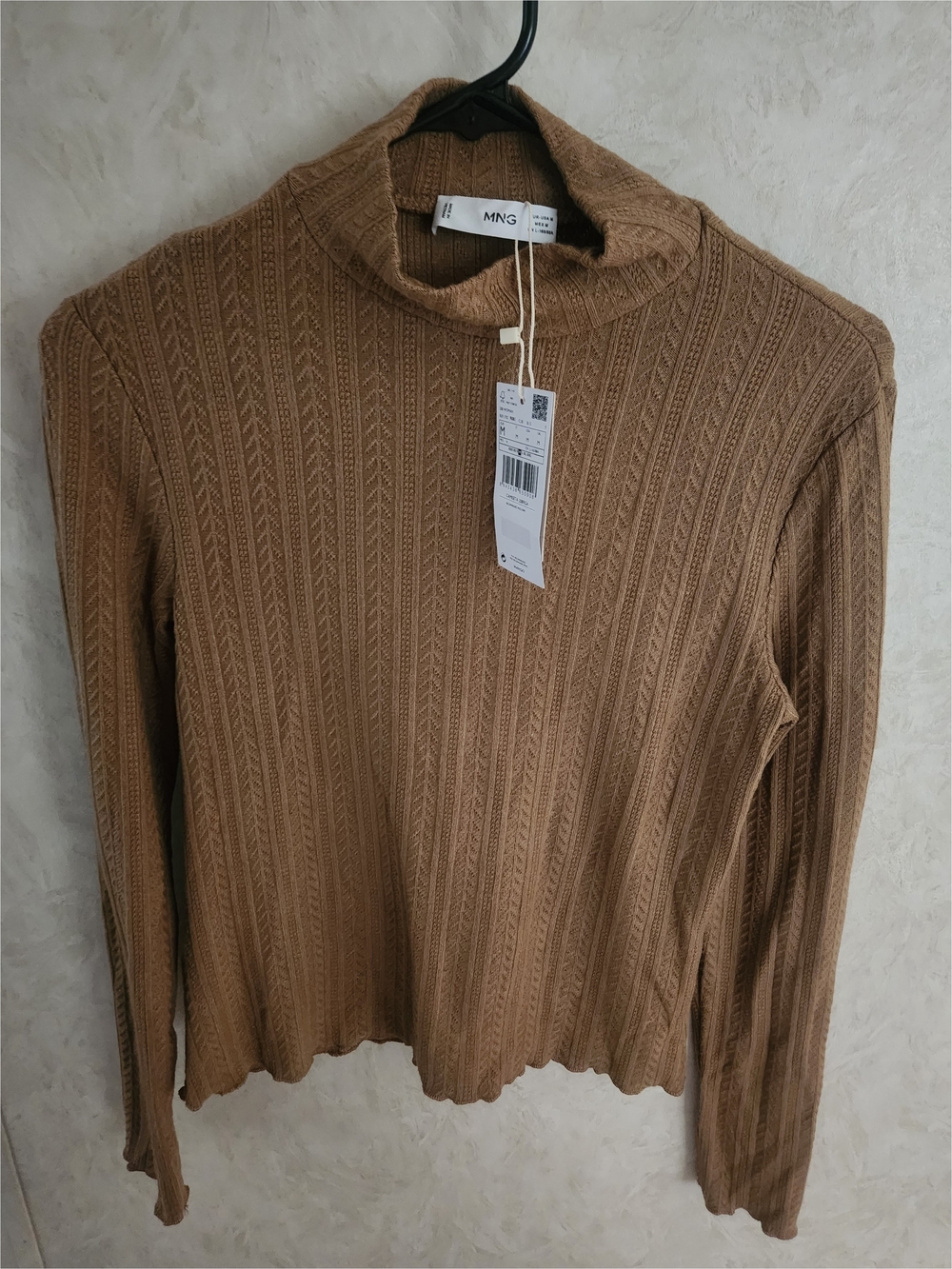 Mango Camel Cable-Knit Turtleneck Sweater